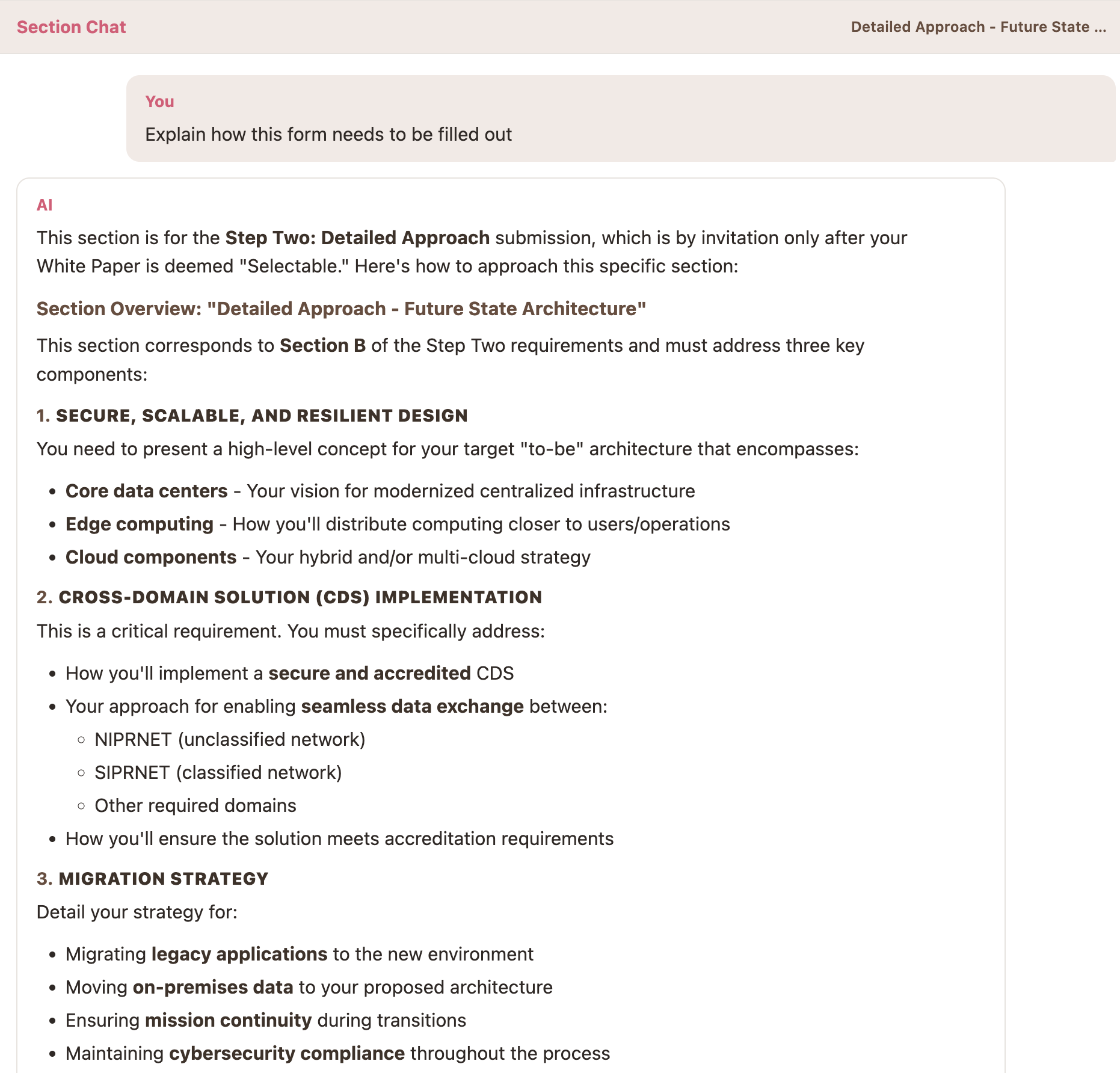 Section chat showing AI-assisted proposal drafting workflow.